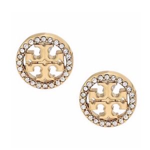 Tory Burch Gold Logo Circle Crystal Stud Earrings